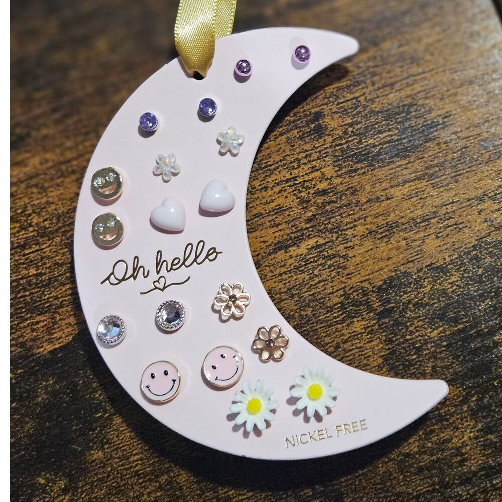 OH HELLO Themed Stud Earring Set Incl. Smiley Faces Flowers Hearts Rhinestones